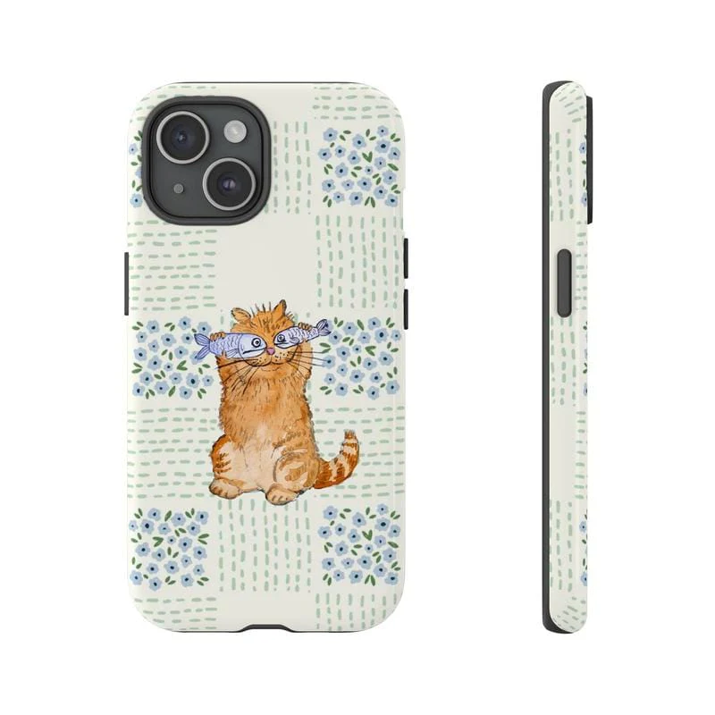 Cute Orange Cat Phone Case with Fish Pastel Pattern Protective Cover Gift for Her Him Many Background Cartoon Phonecover Ocean Sleek Durable UV Printed Shock Resistant TPU Lining - Image 4