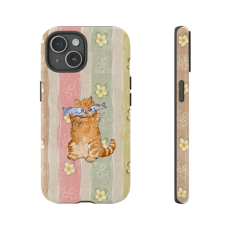 Cute Orange Cat Phone Case with Fish Pastel Pattern Protective Cover Gift for Her Him Many Background Cartoon Phonecover Ocean Sleek Durable UV Printed Shock Resistant TPU Lining - Image 5