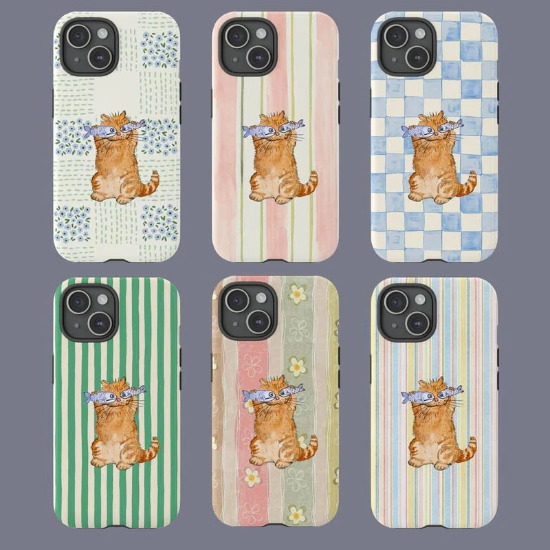 Cute Orange Cat Phone Case with Fish Pastel Pattern Protective Cover Gift for Her Him Many Background Cartoon Phonecover Ocean Sleek Durable UV Printed Shock Resistant TPU Lining - Image 7