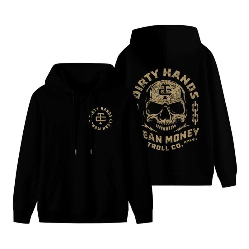 Dirty Hands Clean Money Hoodie Bold Skull Graphic for Men Heavy Duty Streetwear Pullover Motivational Hustle Apparel USA Grit Style Apparel Made In The USA