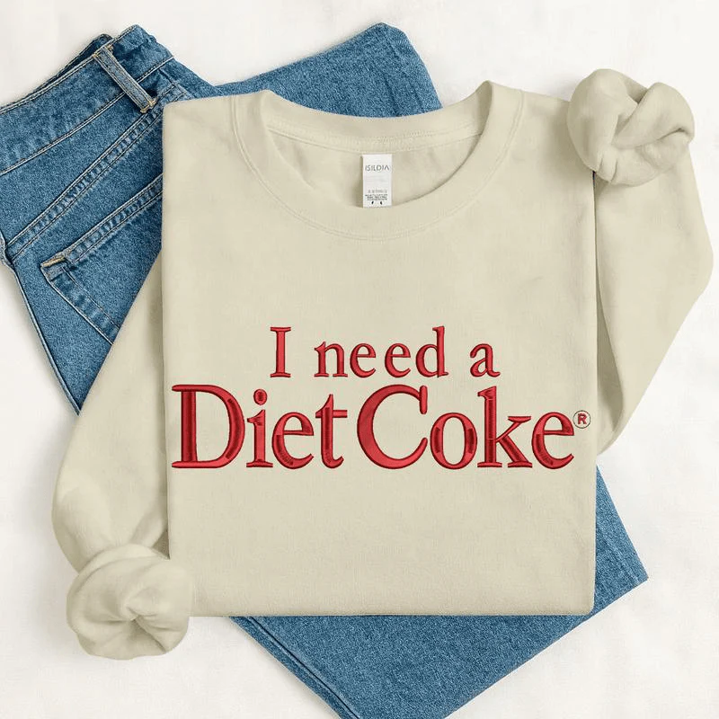 Embroidered I Need a Diet Coke Sweatshirt – Fashion Casual Long Sleeve Crewneck Pullover, Trendy Soda Lover Gift, Fun Bride Sweatshirt for Women - Image 5