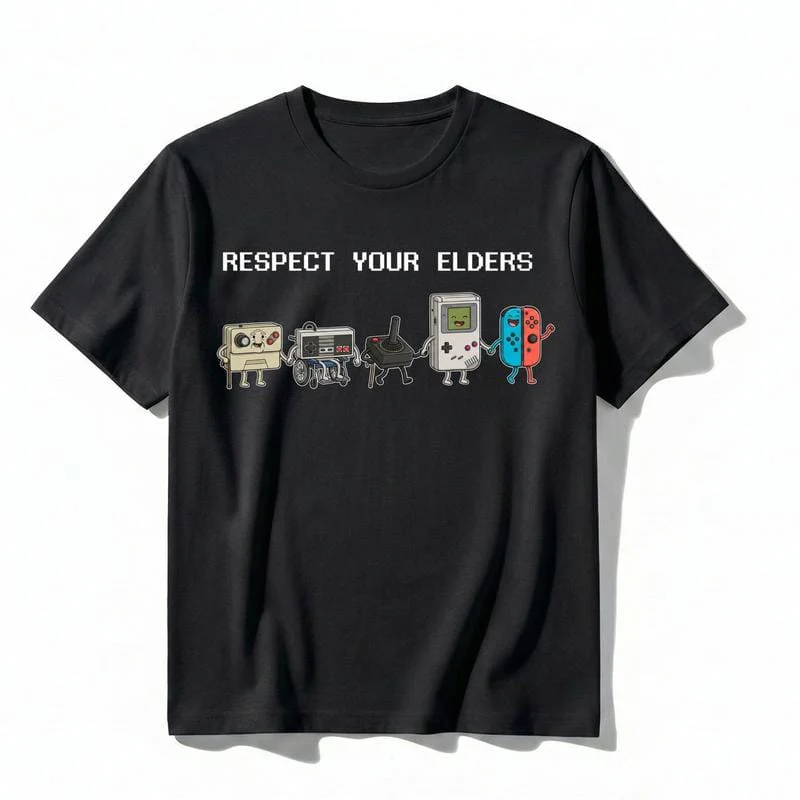 Funny "Respect Your Elders" Retro Gamer T-Shirt. Nostalgic 90s Pixel Art Controller Graphic Tee.  oversize Trend  Gift for Him Her Unisex Cotton Top