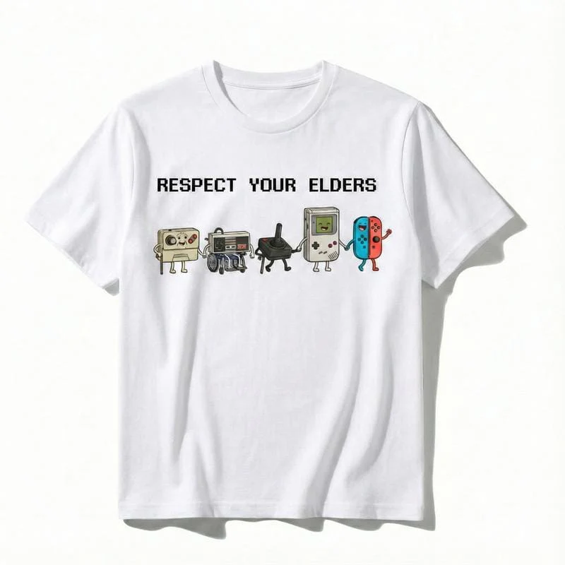 Funny "Respect Your Elders" Retro Gamer T-Shirt. Nostalgic 90s Pixel Art Controller Graphic Tee.  oversize Trend  Gift for Him Her Unisex Cotton Top - Image 2
