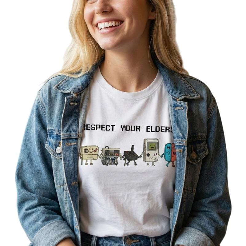 Funny "Respect Your Elders" Retro Gamer T-Shirt. Nostalgic 90s Pixel Art Controller Graphic Tee.  oversize Trend  Gift for Him Her Unisex Cotton Top - Image 3