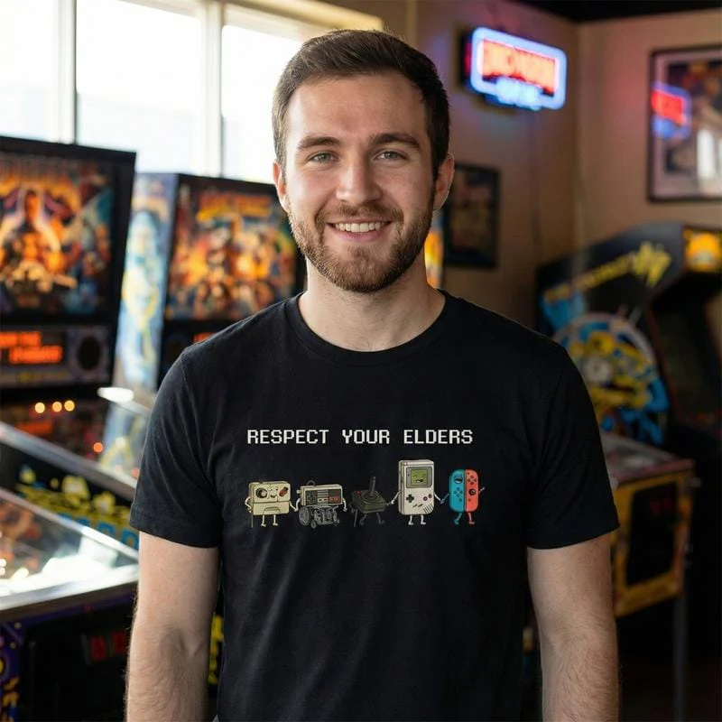 Funny "Respect Your Elders" Retro Gamer T-Shirt. Nostalgic 90s Pixel Art Controller Graphic Tee.  oversize Trend  Gift for Him Her Unisex Cotton Top - Image 4