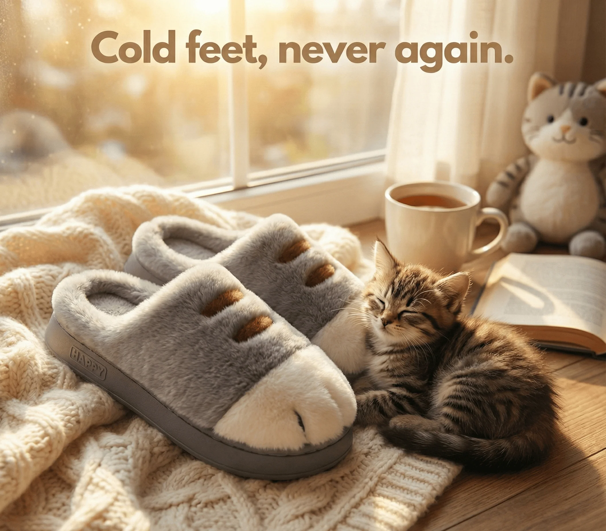 Healing Steps on Clouds: Ultra-Soft Plush Cat Paw Slippers, Sinking into Winter's Gentle Embrace.
