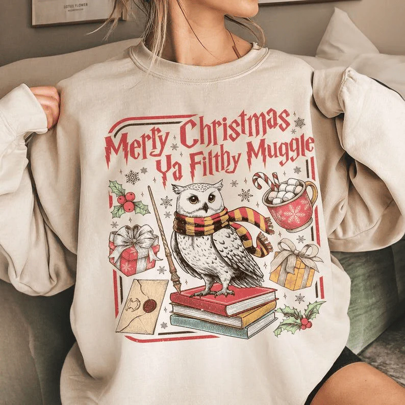 Merry Christmas Ya Filthy Vintage Sweatshirt Retro Wizard Holiday Sweater Wizard Christmas Crewneck Gift For Fans - Image 2