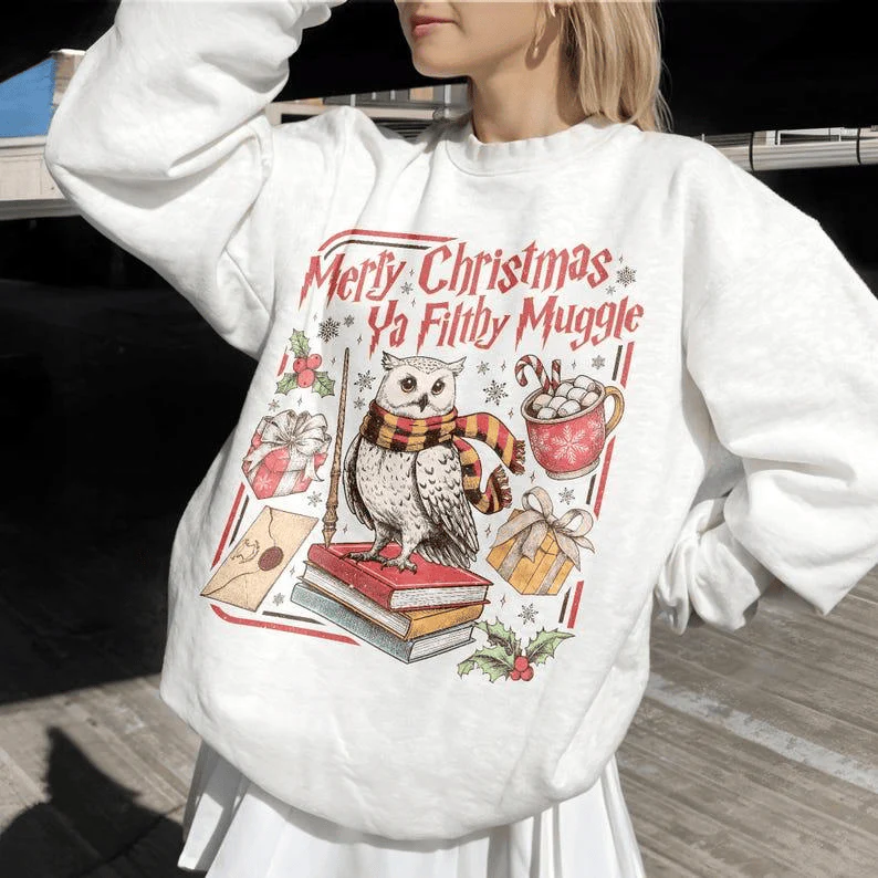 Merry Christmas Ya Filthy Vintage Sweatshirt Retro Wizard Holiday Sweater Wizard Christmas Crewneck Gift For Fans - Image 4