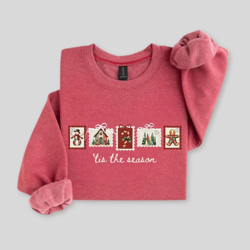 Retro Winter Stamp Sweatshirt, Patchwork Christmas Stamps Sweater, Coquette Christmas Sweatshirt, Winter Stamp Sweatshirt - Image 2