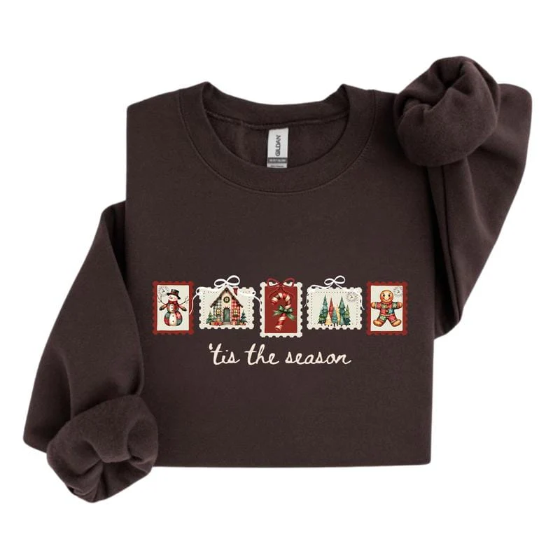 Retro Winter Stamp Sweatshirt, Patchwork Christmas Stamps Sweater, Coquette Christmas Sweatshirt, Winter Stamp Sweatshirt - Image 3