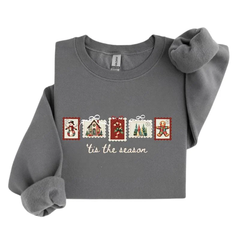 Retro Winter Stamp Sweatshirt, Patchwork Christmas Stamps Sweater, Coquette Christmas Sweatshirt, Winter Stamp Sweatshirt - Image 4