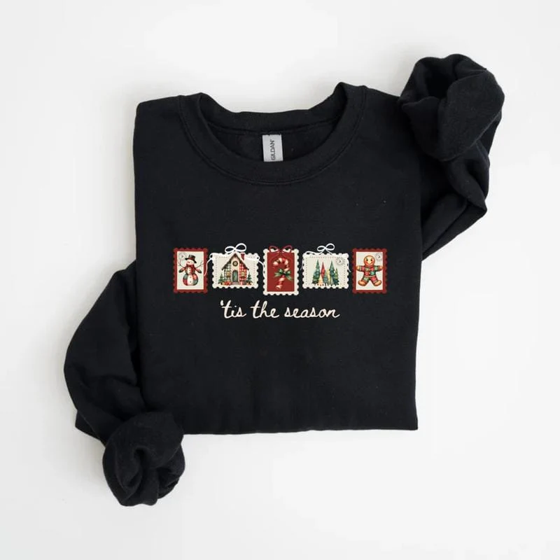 Retro Winter Stamp Sweatshirt, Patchwork Christmas Stamps Sweater, Coquette Christmas Sweatshirt, Winter Stamp Sweatshirt - Image 5