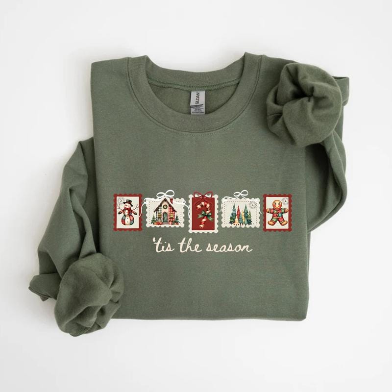 Retro Winter Stamp Sweatshirt, Patchwork Christmas Stamps Sweater, Coquette Christmas Sweatshirt, Winter Stamp Sweatshirt - Image 6