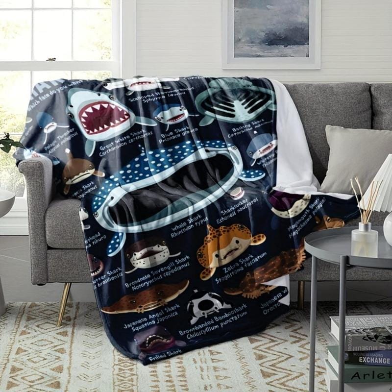 Soft Funny Throw Blanket Coastal Style Shark Faces Flannel All-Season Knitted,Multipurpose For Travel,Camping,Sofa Animal Theme Printed Blanket - Image 3
