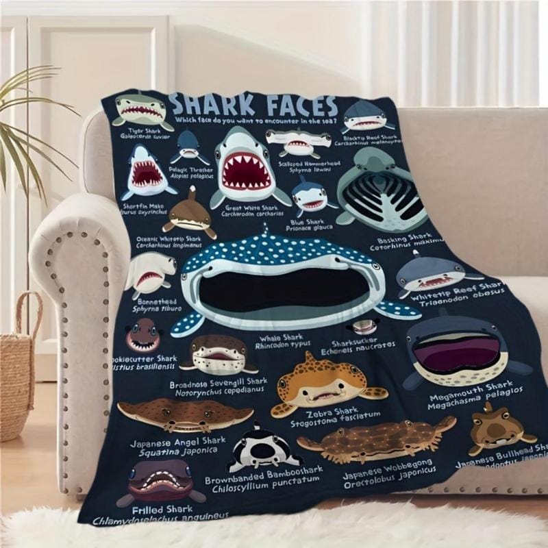 Soft Funny Throw Blanket Coastal Style Shark Faces Flannel All-Season Knitted,Multipurpose For Travel,Camping,Sofa Animal Theme Printed Blanket - Image 4