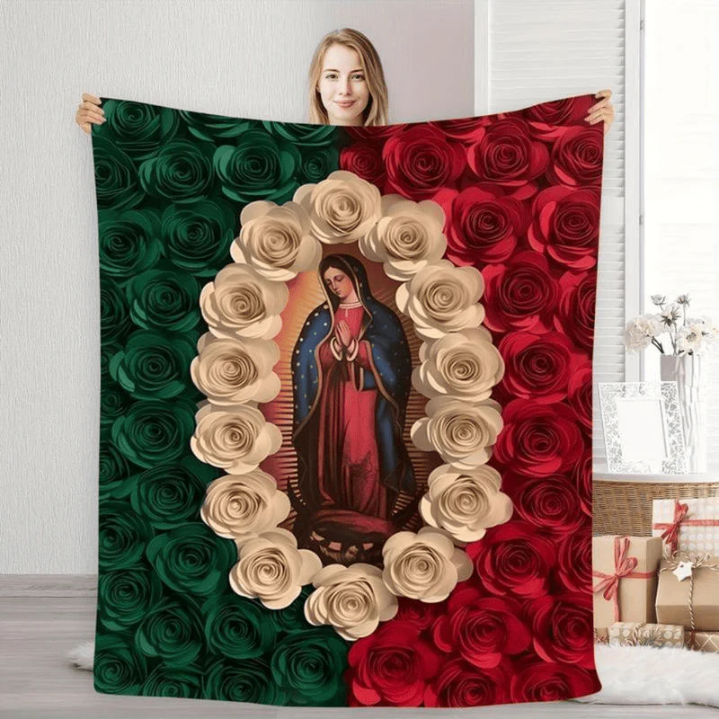Soft Funny Throw Blanket Virgin Mary And Rose Flannel Blanket Comfortable All-Season Bedding,Suitable For Napping,Camping,Travel Colorful Mexican Flag Design Perfect Gift For Friends And Family,Bed - Image 3