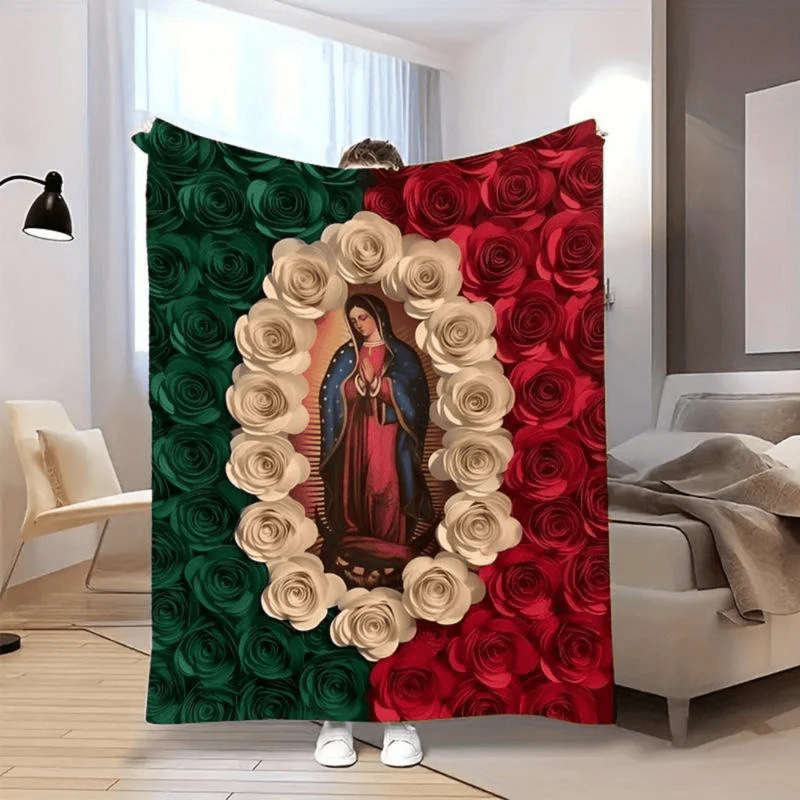 Soft Funny Throw Blanket Virgin Mary And Rose Flannel Blanket Comfortable All-Season Bedding,Suitable For Napping,Camping,Travel Colorful Mexican Flag Design Perfect Gift For Friends And Family,Bed - Image 4