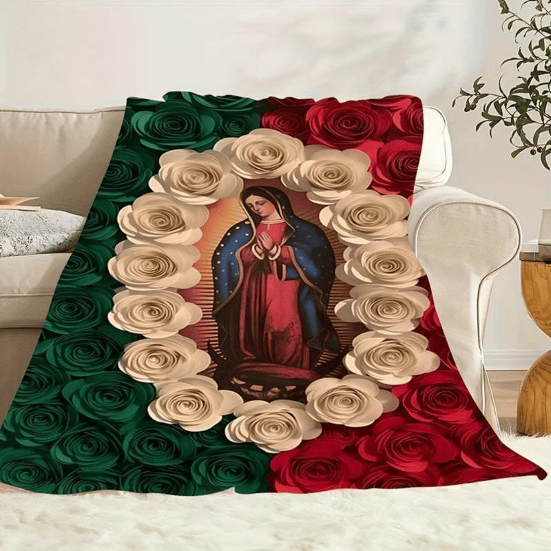Soft Funny Throw Blanket Virgin Mary And Rose Flannel Blanket Comfortable All-Season Bedding,Suitable For Napping,Camping,Travel Colorful Mexican Flag Design Perfect Gift For Friends And Family,Bed - Image 5