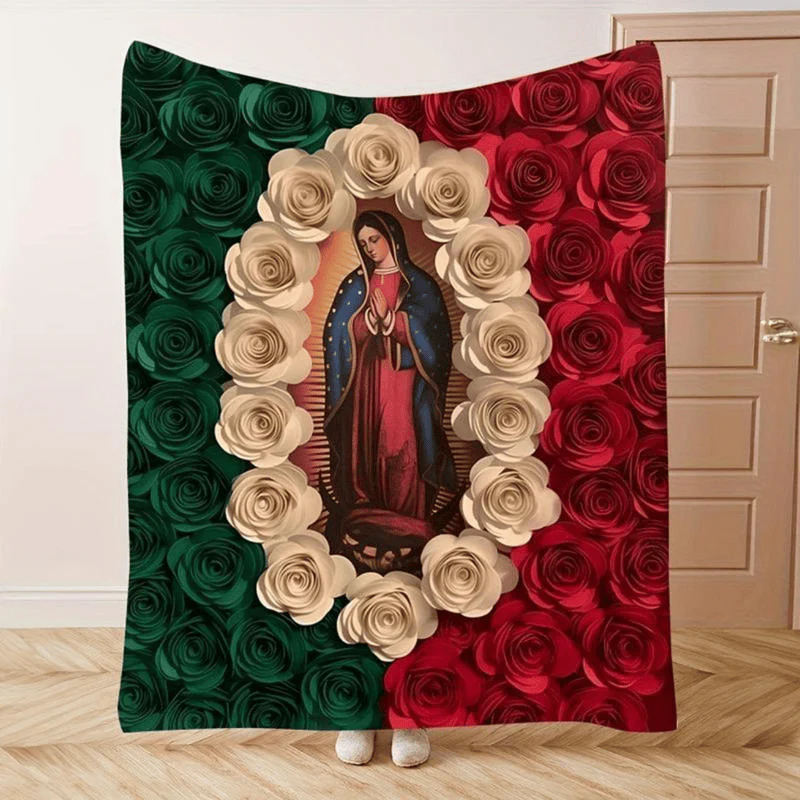 Soft Funny Throw Blanket Virgin Mary And Rose Flannel Blanket Comfortable All-Season Bedding,Suitable For Napping,Camping,Travel Colorful Mexican Flag Design Perfect Gift For Friends And Family,Bed - Image 6