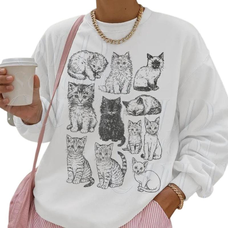 The Vintage Cat Sweatshirt, Retro Kitten Graphic Pullover, Cozy Cat Lover Gift, 90s Style Shirt, Cute Cat Mom Sweater, Boho Unisex Crewneck Sweatshirt, Menswear Top, Womenswear Top Underwear Streetwear Medium - Image 3